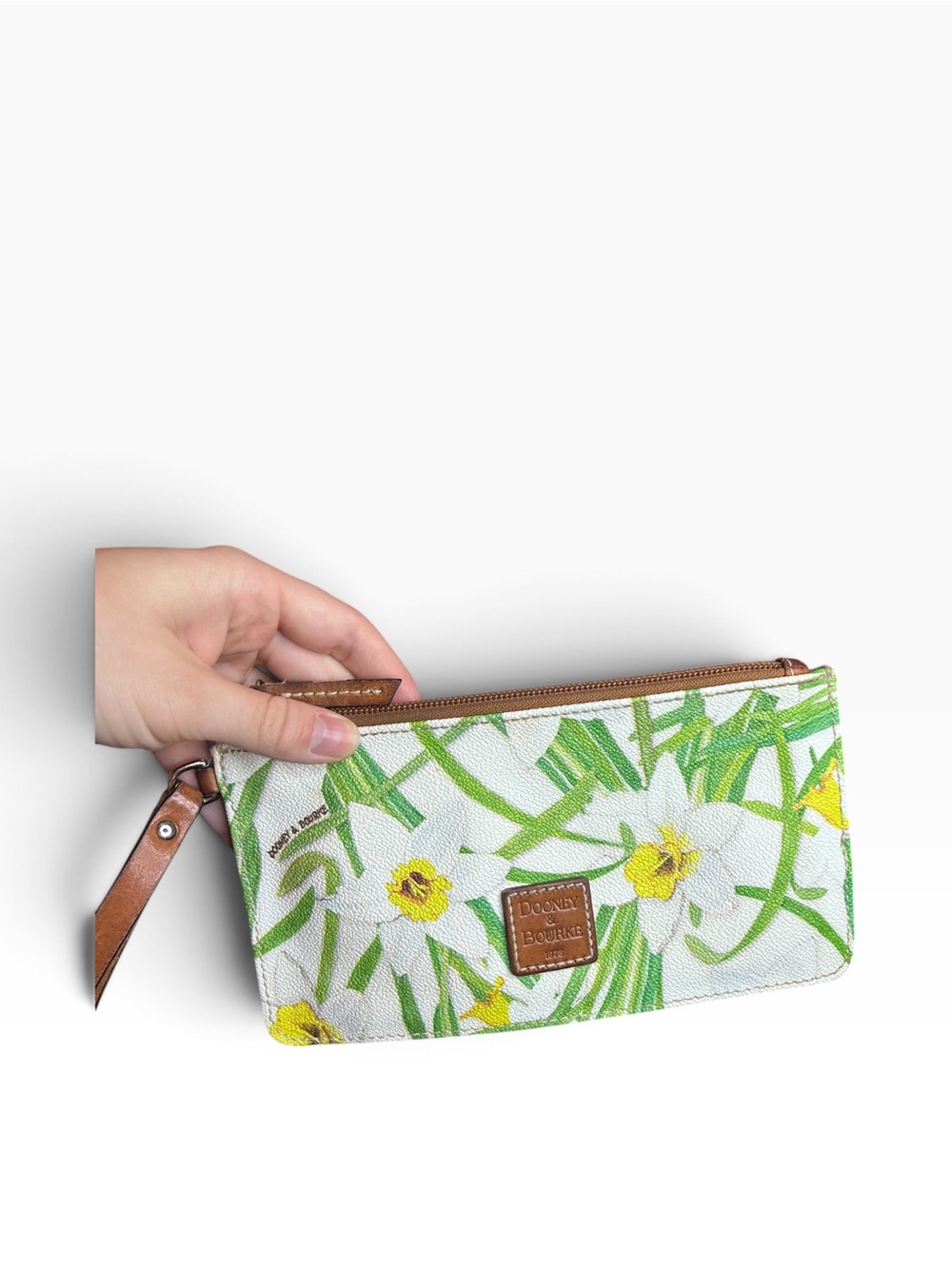 Vintage Dooney & Bourke White Floral Wristlet with Yellow & Green Print